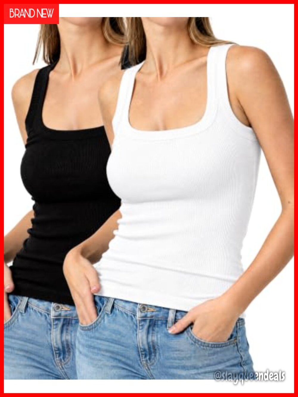 2-Pack Women's Ribbed Slim-Fit Sleeveless Tank Tops Square Neck
